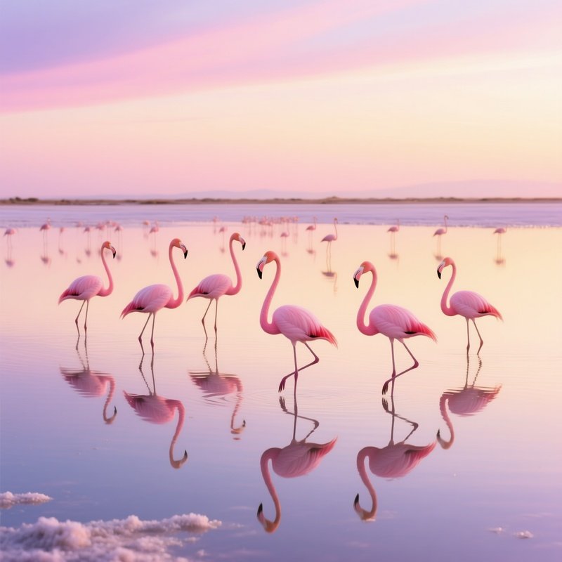 Greater Flamingos In Salt Lagoon At Dawn