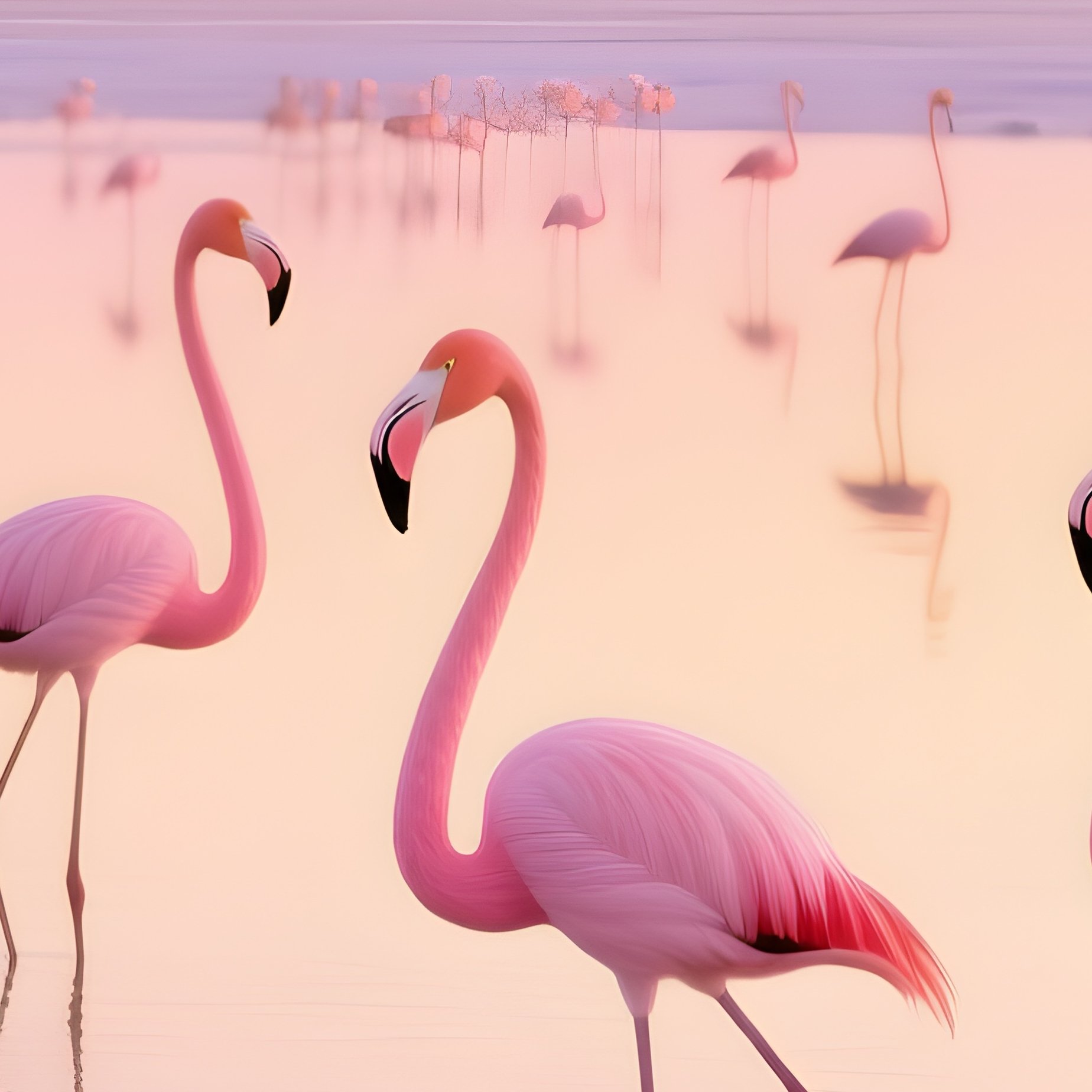 Greater Flamingos In Salt Lagoon At Dawn - Full Resolution Quality Preview