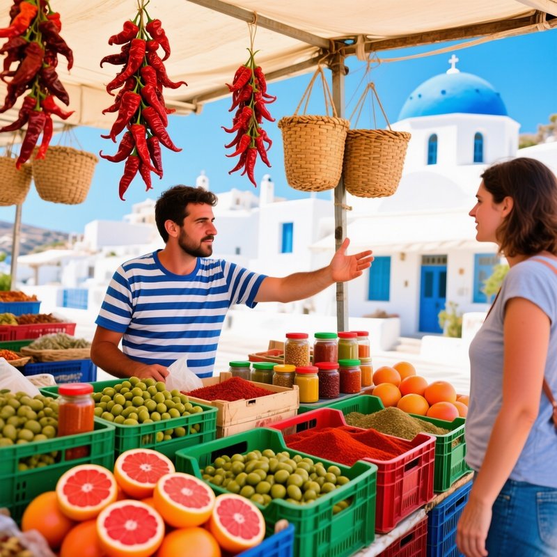 Greek Regional Specialties Market Stall With Olives And Grape Fruit