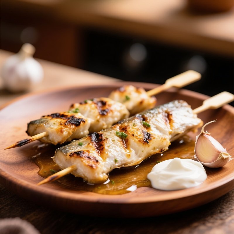 Grilled Fish Kebabs Marinated In Garlic And Yogurt