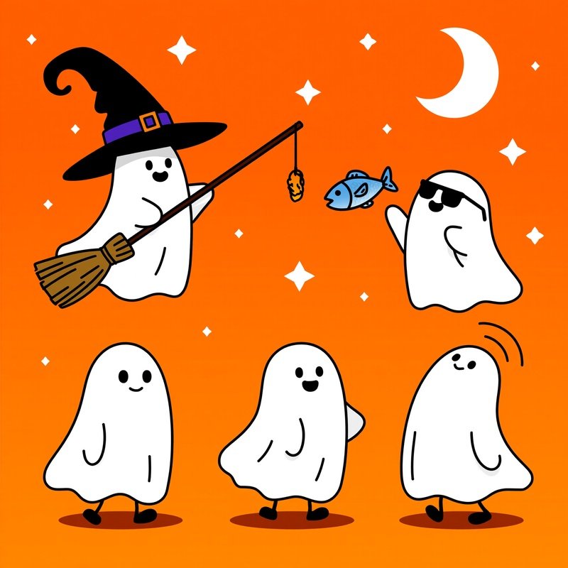 Group Of Cartoon Ghosts Engaging In Various Activities Ghosts