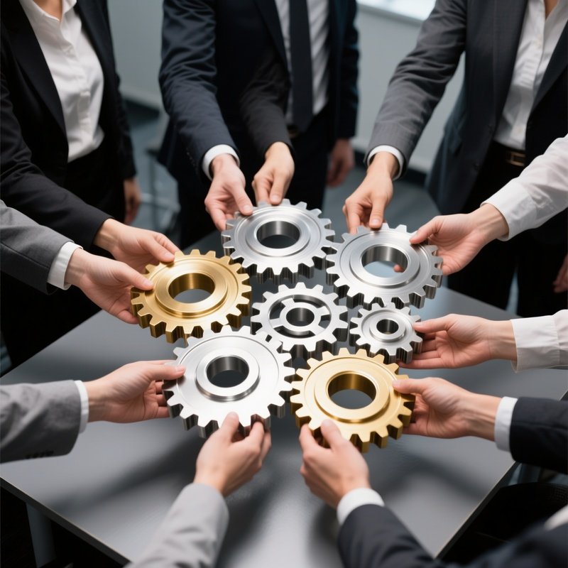 Group Of People Holding Interlocking Gears Teamwork Collaboration