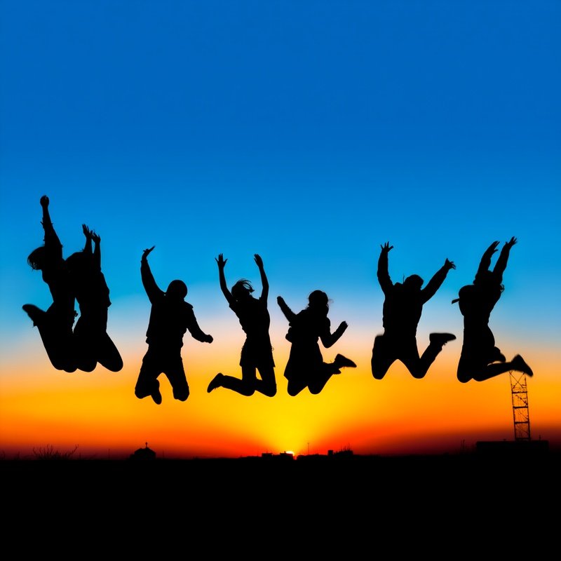 Group Of People Jumping In Unison Sunset Silhouette