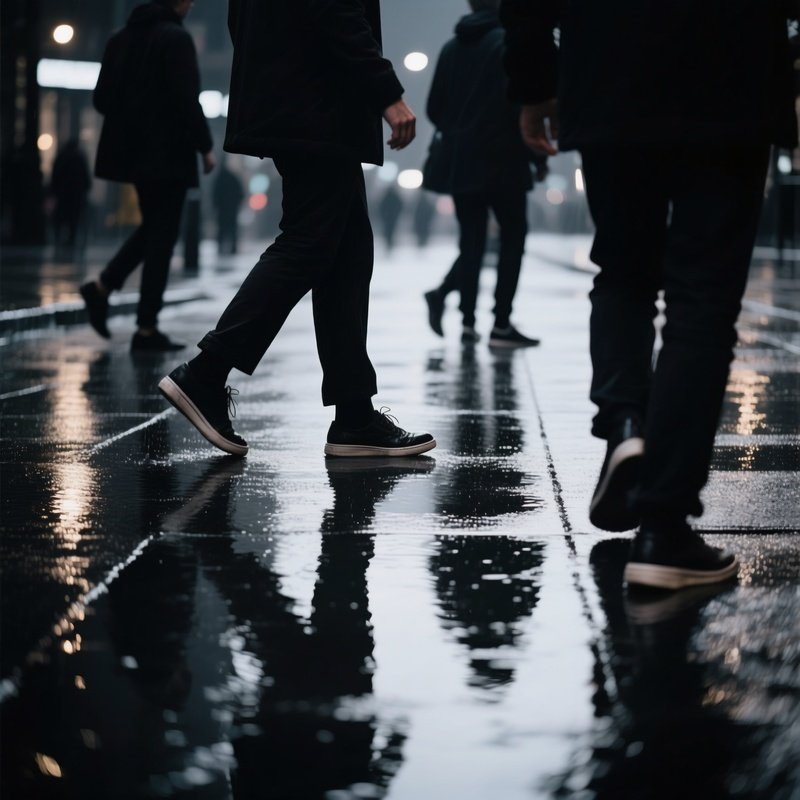 Group Of Peoples Feet Walking On A Wet Surface Night Urban