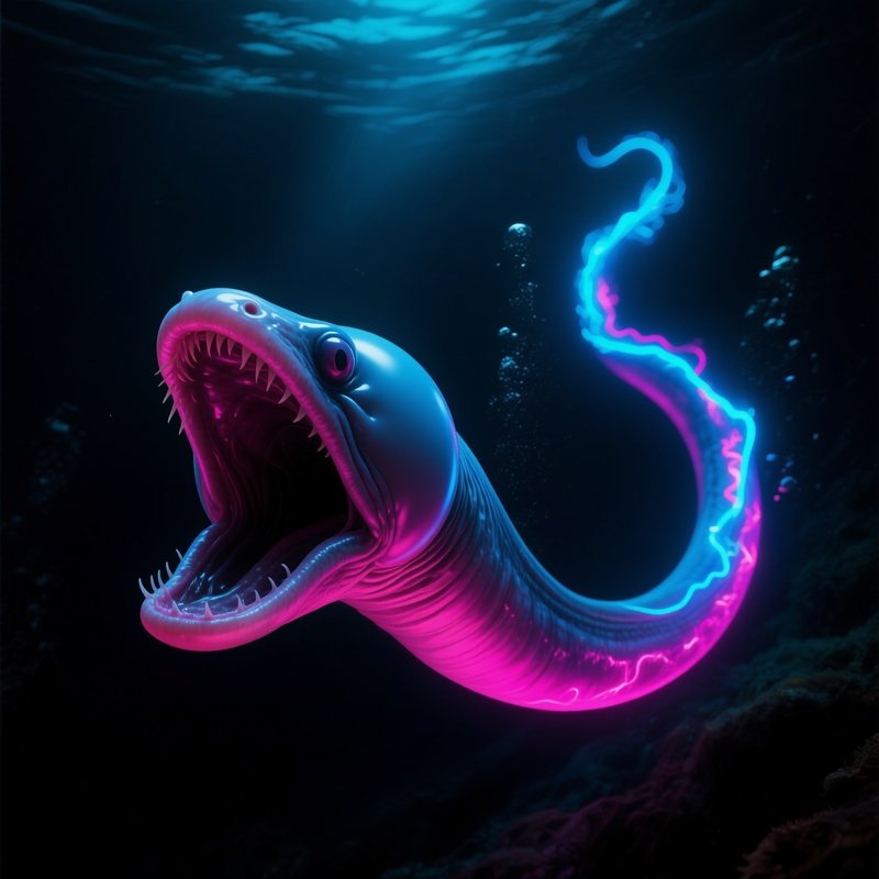 Gulper Eel Massive Balloonlike Mouth And Neon Lit Tail Drifting Through Blackness
