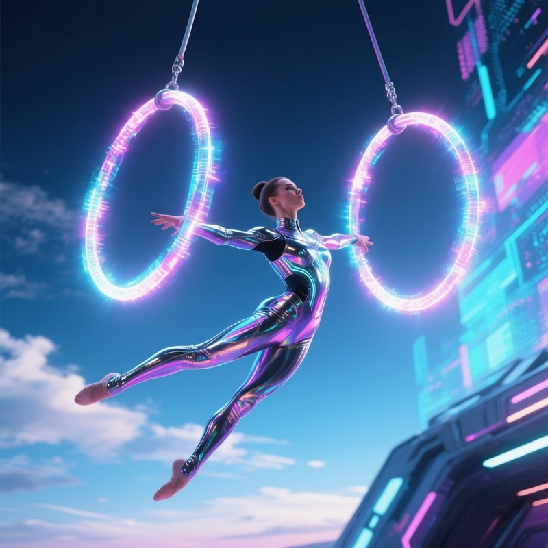 Gymnast Solar Mist Spinning Above Glowing Hoops Science Fiction