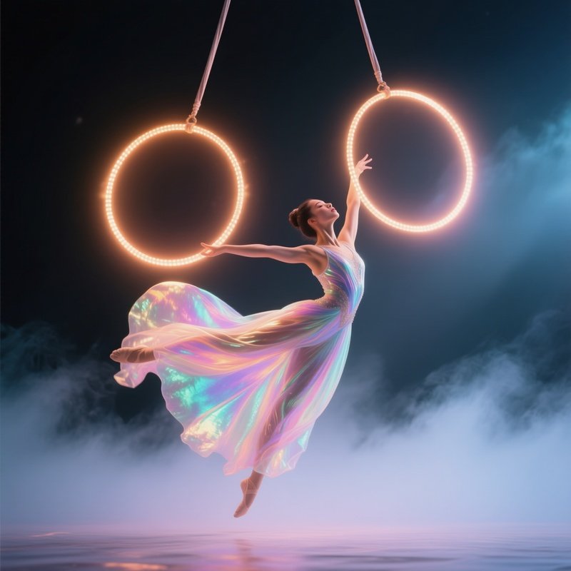 Gymnast Solar Mist Spinning Above Glowing Hoops