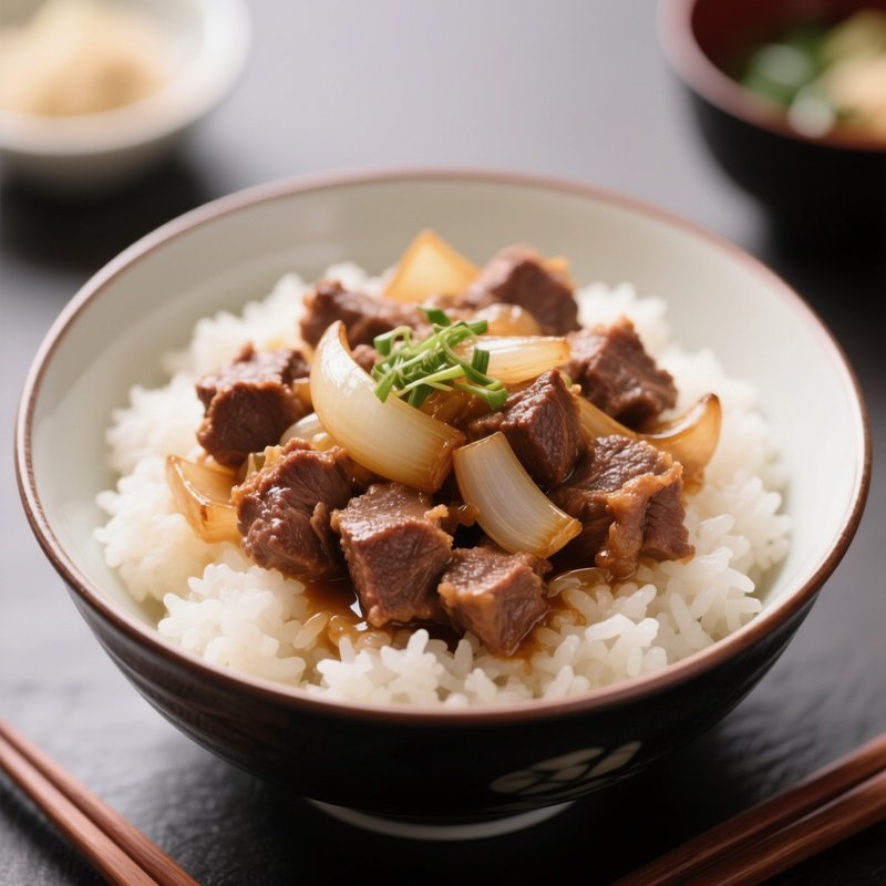 Gyudon Beef Bowl With Simmered Beef And Onions Served Over Steamed Rice