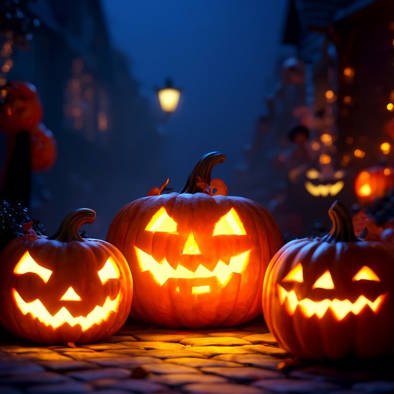 Halloween Scene With Carved Pumpkins And Children In Costumes