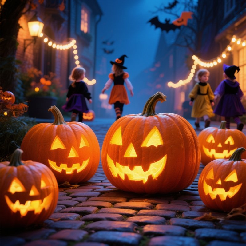 Halloween Scene With Carved Pumpkins And Children In Costumes