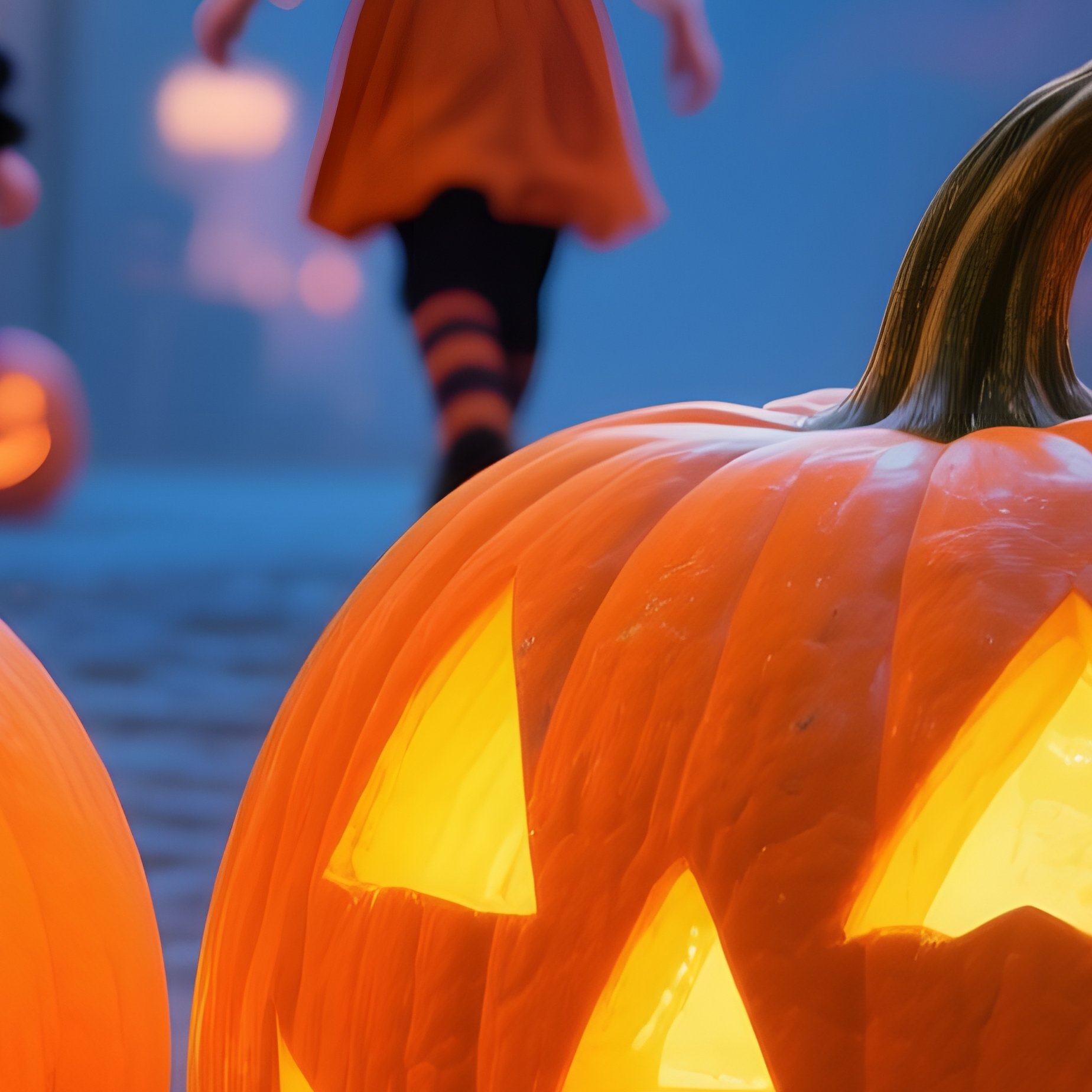 Halloween Scene With Carved Pumpkins And Children In Costumes - Full Resolution Quality Preview