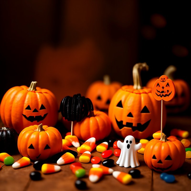 Halloween Themed Arrangement Of Pumpkins And Candies Halloween