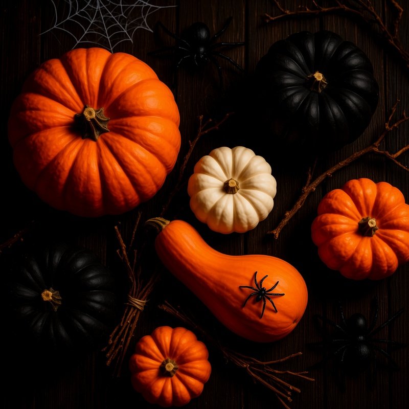 Halloween Themed Arrangement Of Pumpkins And Decorations