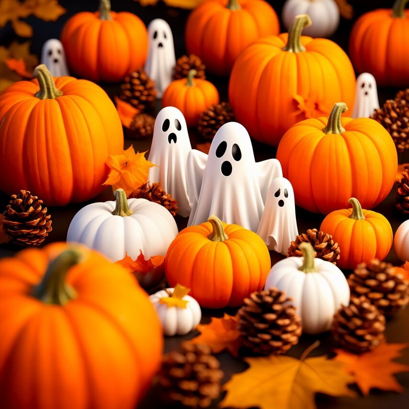 Halloween Themed Arrangement Of Pumpkins And Ghosts Halloween