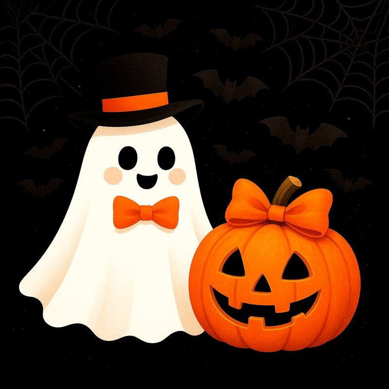 Halloween Themed Illustration Featuring A Ghost And A Pumpkin