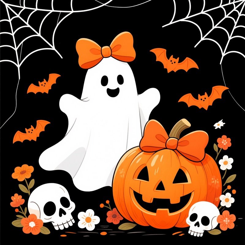 Halloween Themed Illustration Featuring A Ghost And A Pumpkin