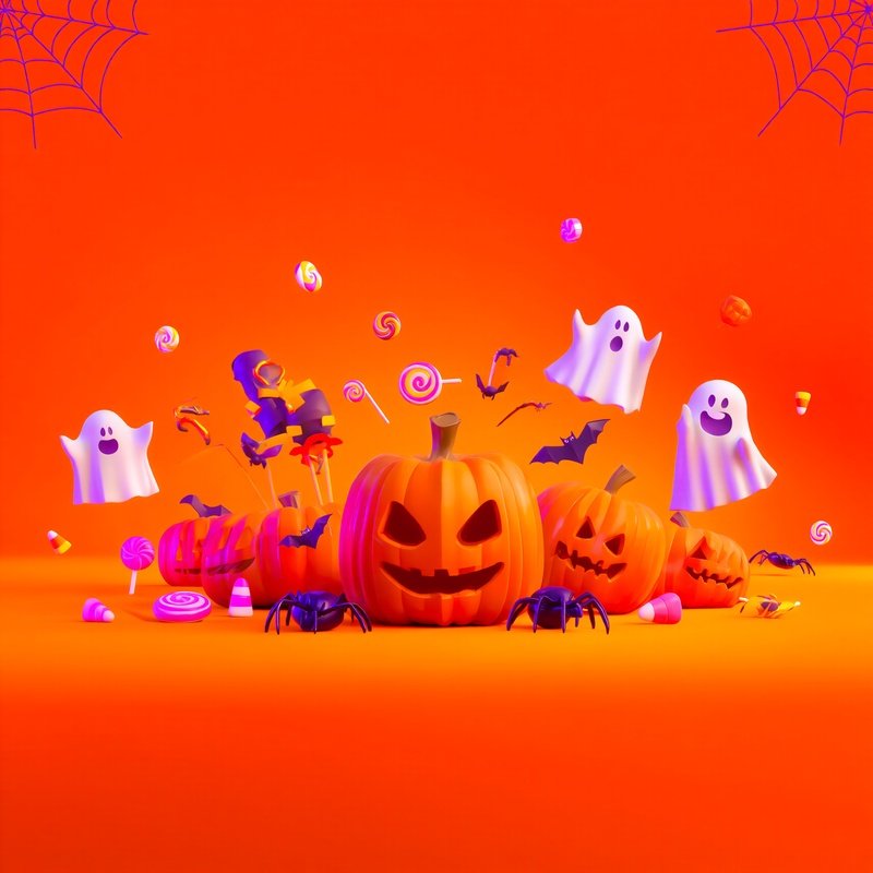 Halloween Themed Illustration Featuring Pumpkins And Ghosts