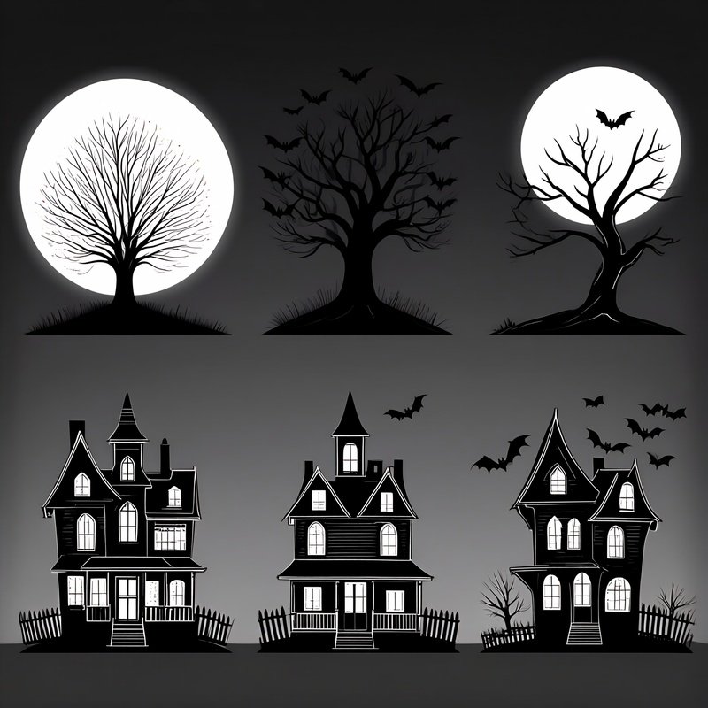 Halloween Themed Illustrations Of Haunted Houses And Trees