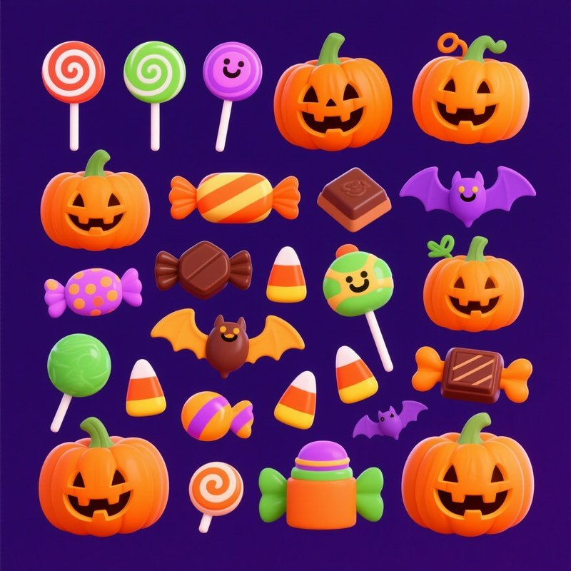 Halloween Themed Objects Including Candies And Pumpkins Halloween