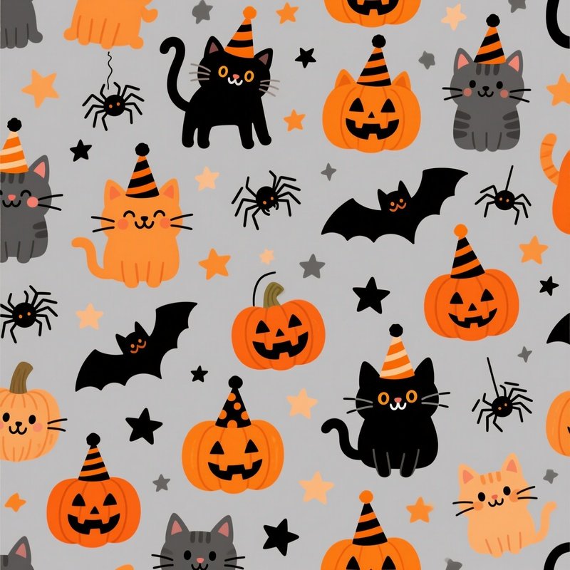 Halloween Themed Pattern Featuring Cats And Pumpkins Halloween