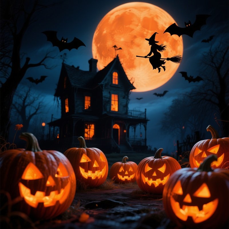 Halloween Themed Scene With Carved Pumpkins And A Haunted House