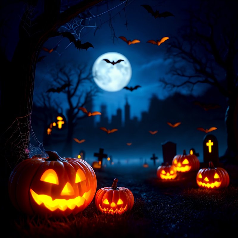 Halloween Themed Scene With Pumpkins And Bats Halloween Pumpkins