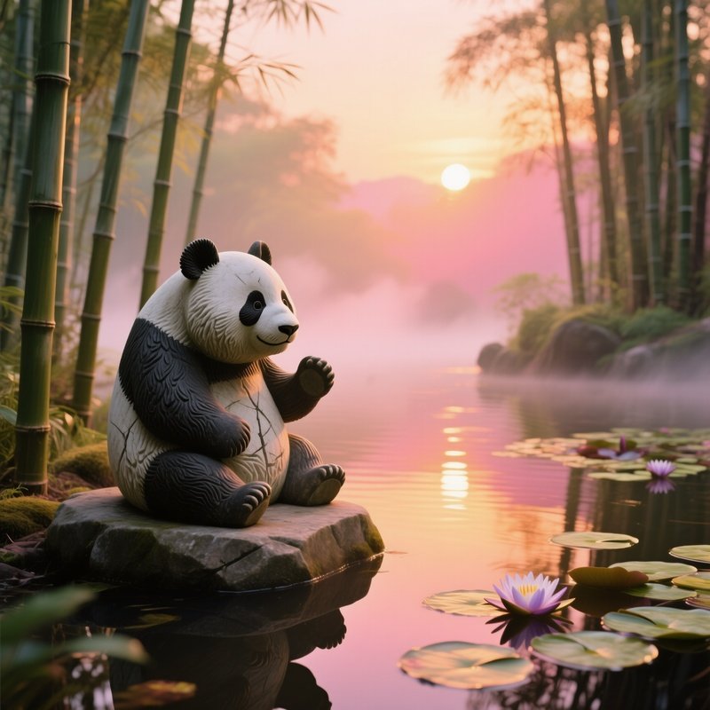 Hand Carved Stone Panda By Bamboo Pond At Sunrise