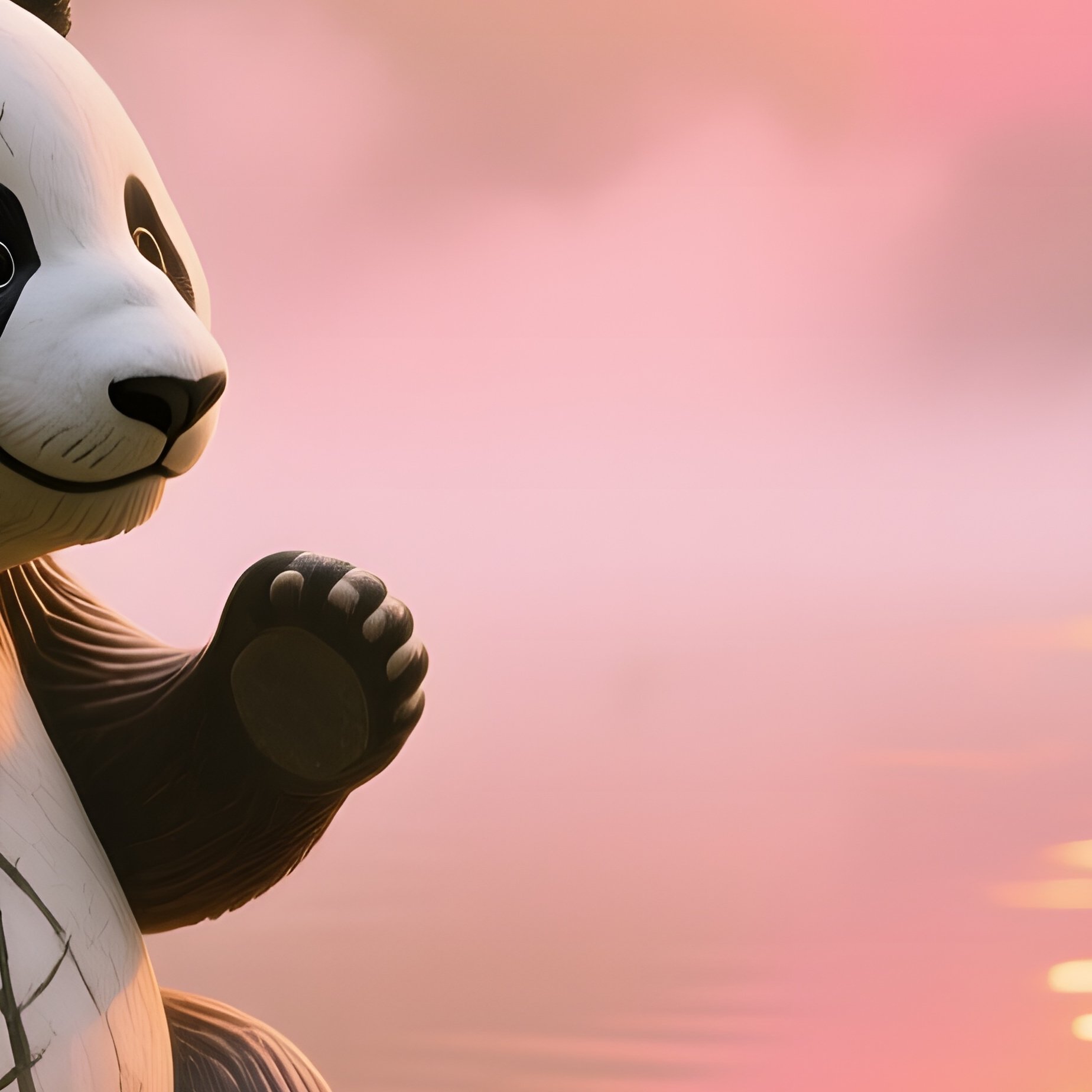 Hand Carved Stone Panda By Bamboo Pond At Sunrise - Full Resolution Quality Preview