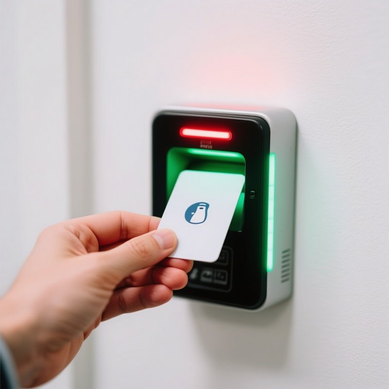 Hand Holding Rfid Key Card To Scanner Light Turns Green