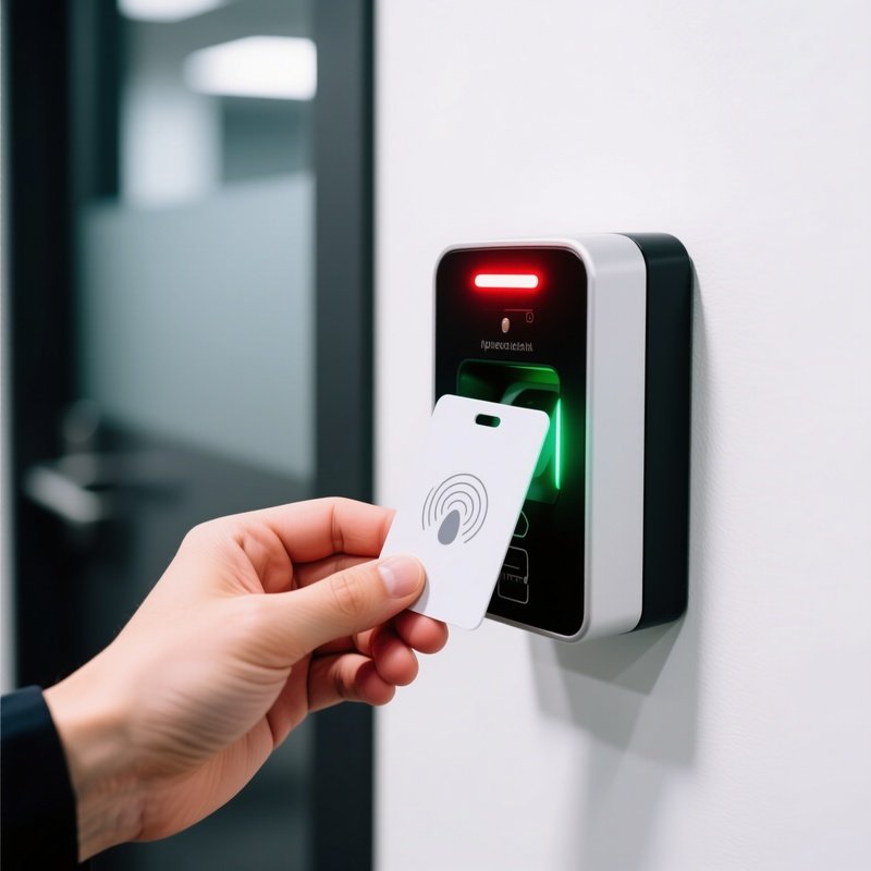 Hand Holding Rfid Key Card Up To Scanner Light Turns Green