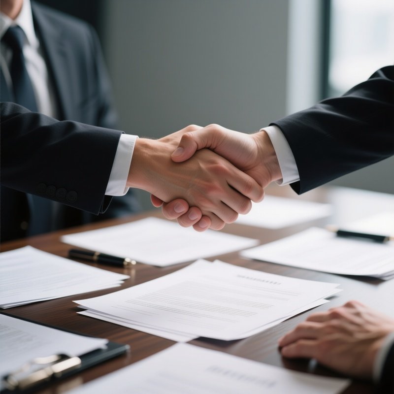 Handshake Deal: A Close Up Of Two Hands Shaking Over A Table Scattered With Contracts, Symbolizing A Successfully Closed Administrative Deal.
