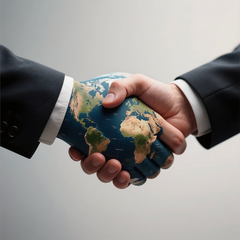 Handshake Earth: Two Hands Shaking, Where The Skin Texture Is Replaced By A Map Of The World, Symbolizing International Diplomacy.