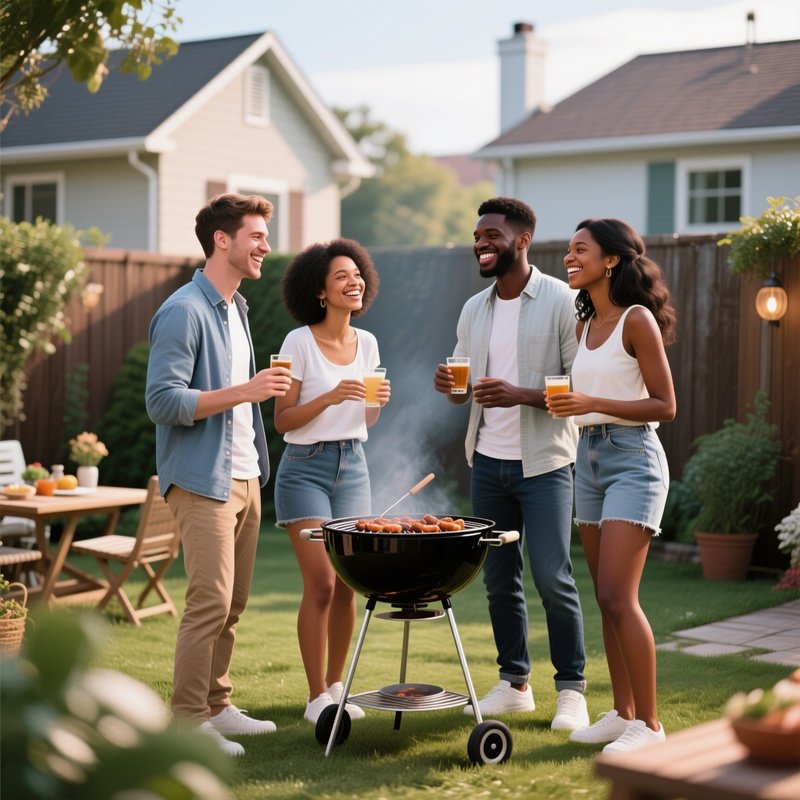 Happy White And Black Friends Having A Barbecue In The Backyard.