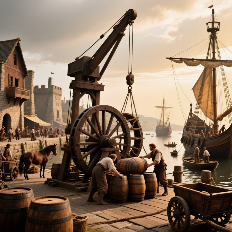 Harbor Cranes Medieval Treadwheel Crane Unloading Wine Barrels From Cog Ship