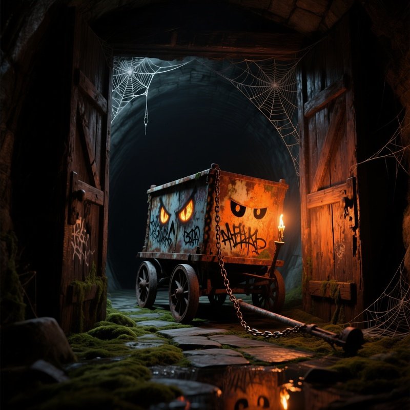 Haunted House Cart Emerging From Dark Tunnel Through Wooden Doors