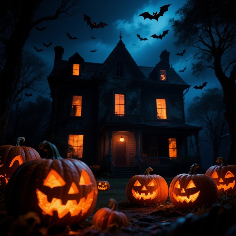 Haunted House Scene With Jack O Lanterns Halloween Pumpkin