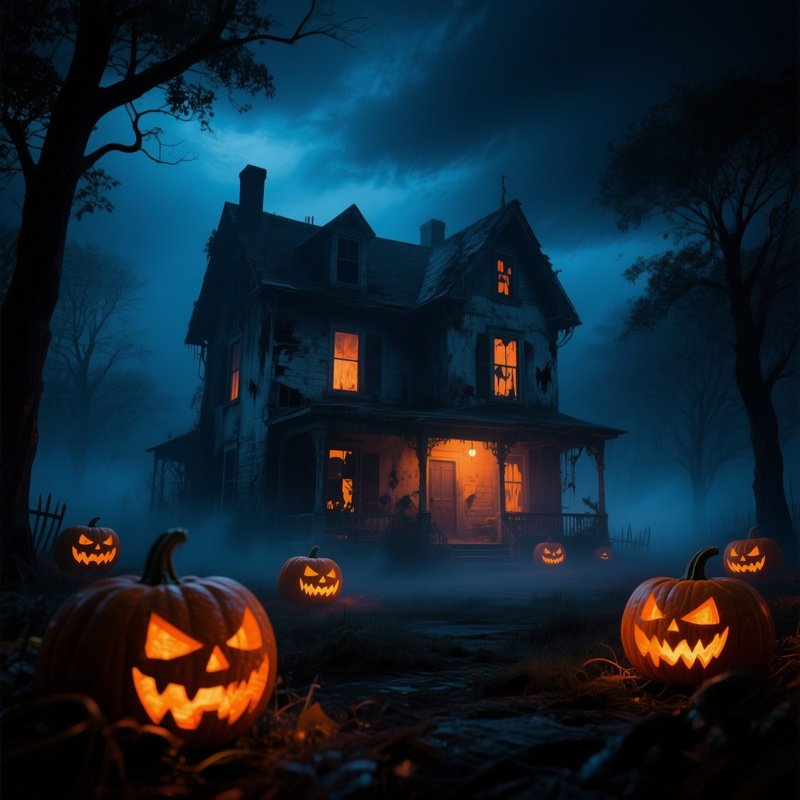 Haunted House Surrounded By Jack O Lanterns Halloween Haunted