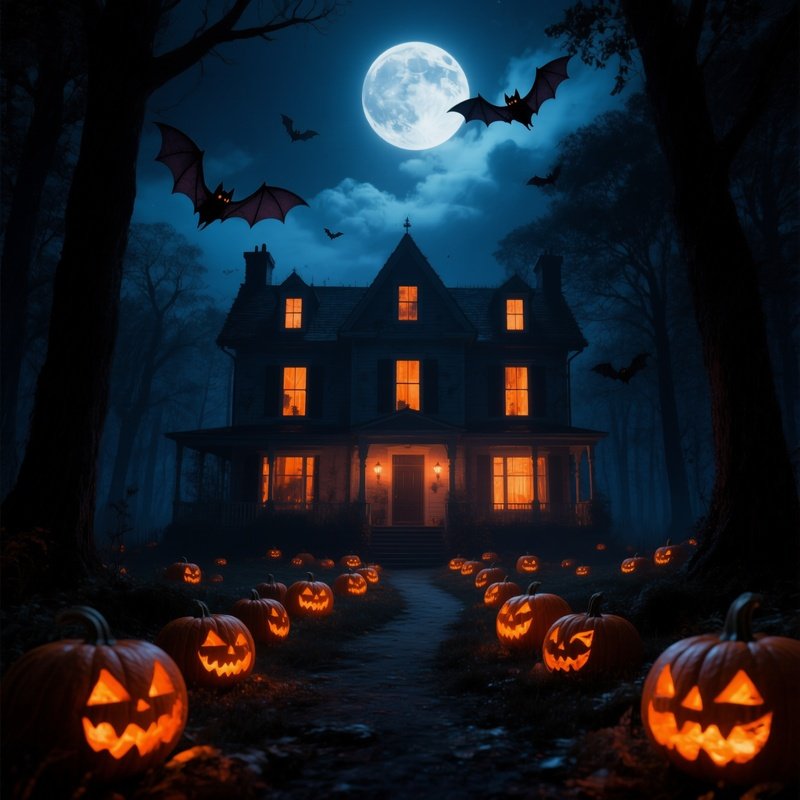 Haunted House Surrounded By Pumpkins Under A Full Moon Halloween