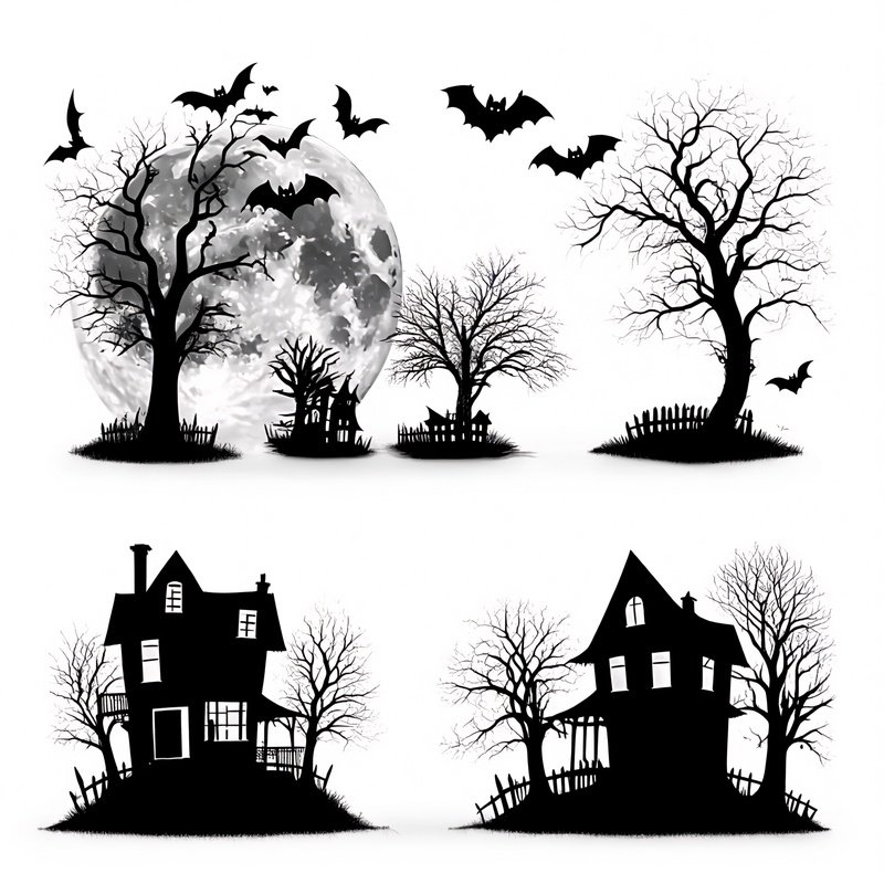 Haunted Houses And Spooky Trees Under A Full Moon Halloween Spooky