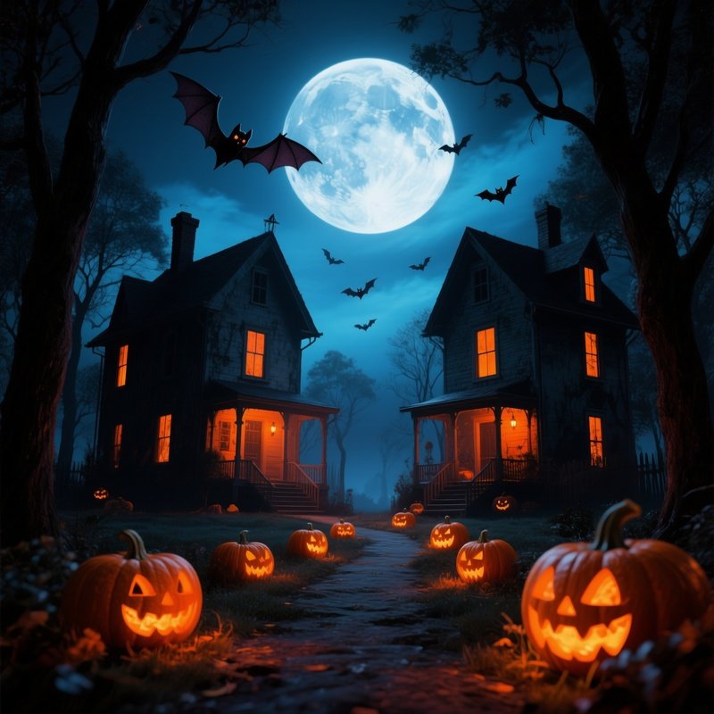 Haunted Houses On A Halloween Night Halloween Haunted Houses