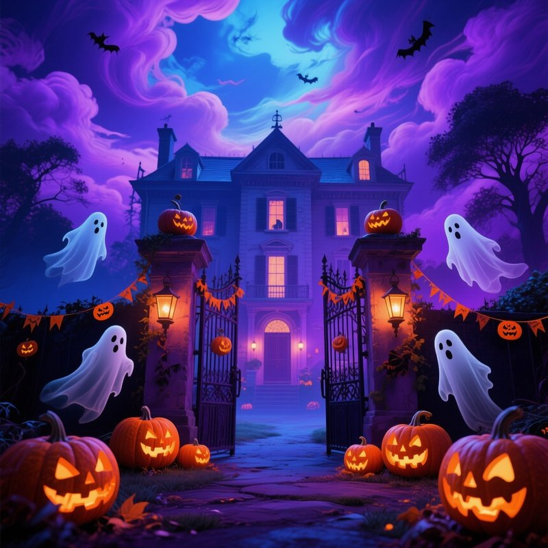 Haunted Mansion Entrance At Night Halloween Mansion