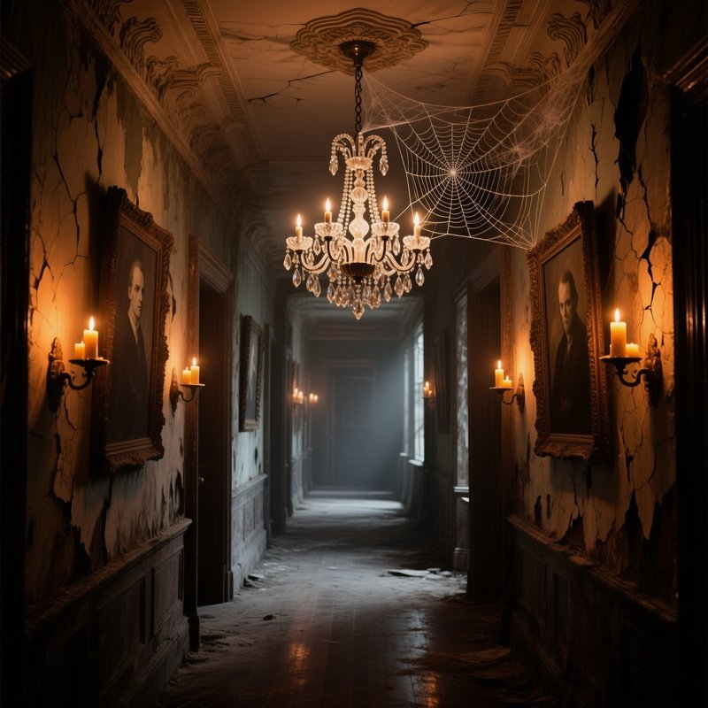 Haunted Victorian Hallway Chandelier Candles Portraits