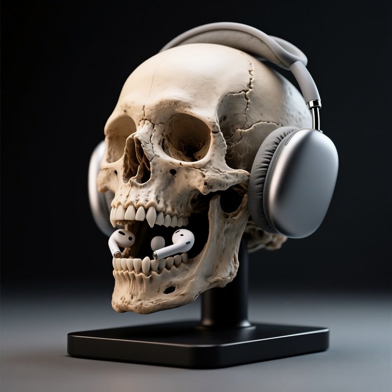 Headset Stand Skull Realistic Human Skull Holding Headphones
