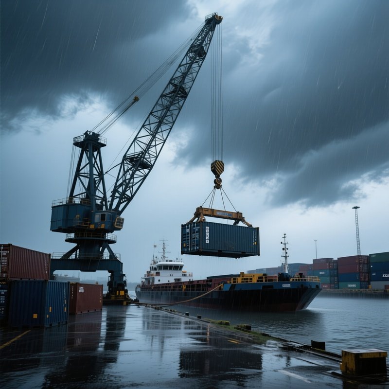 Heavy Lift Crane Transferring Oversized Cargo Barge Container Yard Storm