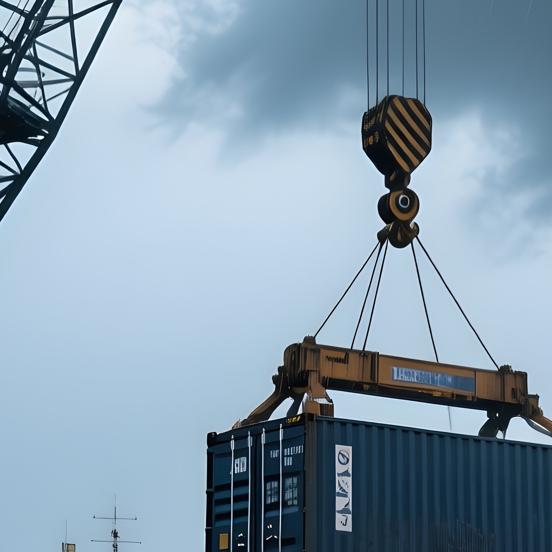 Heavy Lift Crane Transferring Oversized Cargo Barge Container Yard Storm - Full Resolution Quality Preview