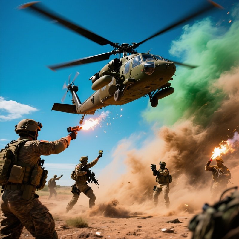 Helicopter Soldiers Strong Wind Dramatic Light