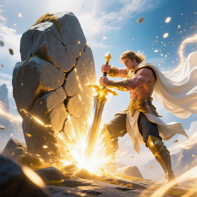 Hero Pulling Golden Sword From Stone Causing Light To Burst Forth