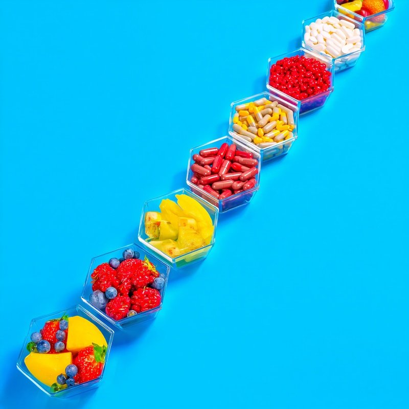 Hexagonal Containers Filled With Fruits And Supplements Health