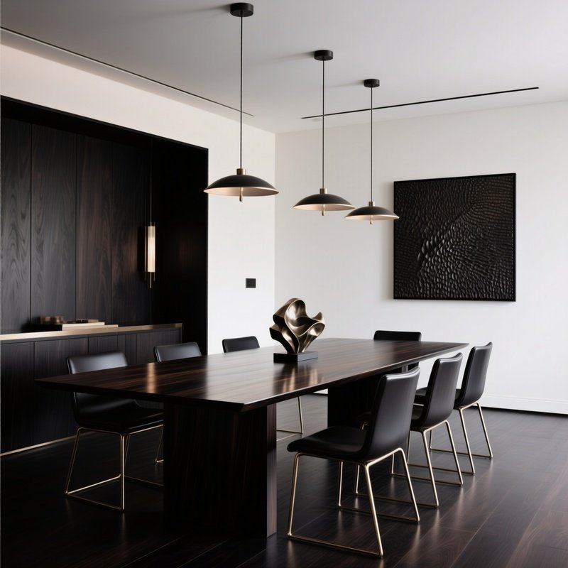 High End Dining Space Dark Wood Table Slim Chairs Subtle Decoration