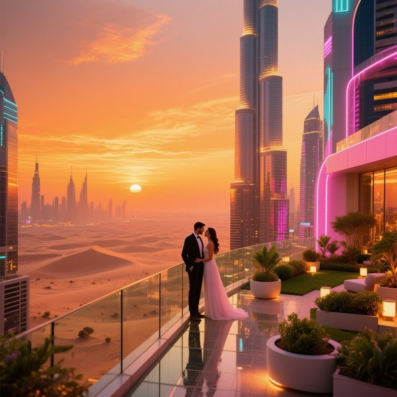 High Rise Rooftop Garden Dubai Sunset Glass Balcony Couple